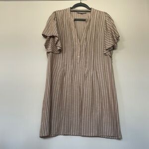 LOFT Tan and White Flutter Sleeve Mini Sundress